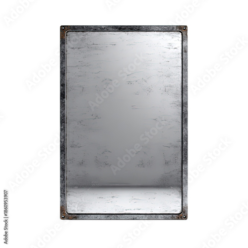 Grungy metal sign with rusted frame and reflective surface