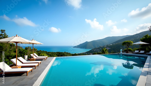 Luxury Infinity Pool Overlooking Tropical Sea and Mountains