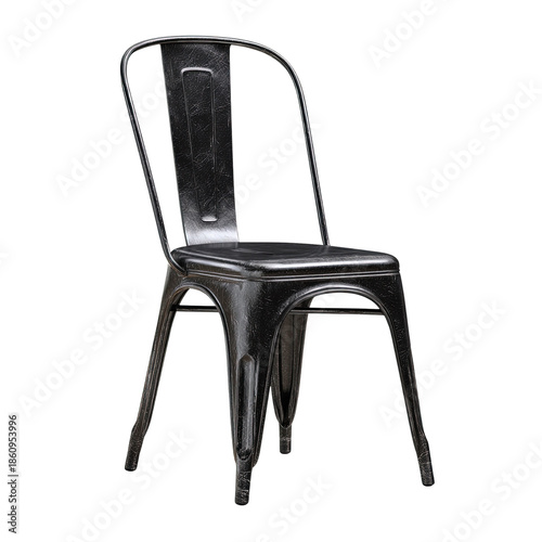 Industrial metal chair with a distressed finish on a black background