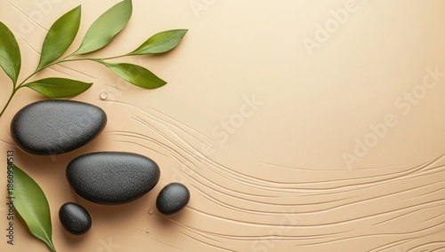Zen stones, leaves on soft beige, rippled background.