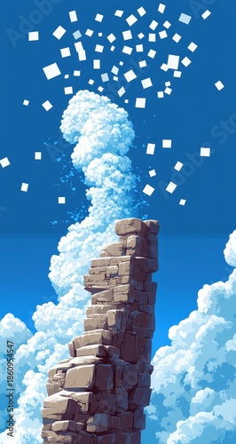 Stone tower with cloud plume erupting cubes into the sky
