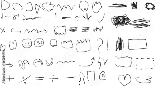 Hand-drawn doodle elements collection: arrows, shapes, emojis, and rough scribbles for design projects