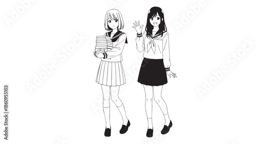 Manga style vector illustration of two Japanese schoolgirls in sailor uniforms (seifuku), one holding books and the other waving, black and white graphic design element for education or youth themes.