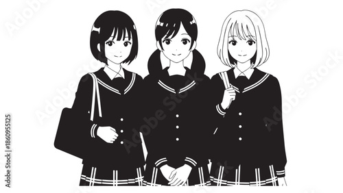 Black and White Illustration of Three Japanese High School Girls in School Uniforms, Representing Youth, Education, and Friendship in Manga Style