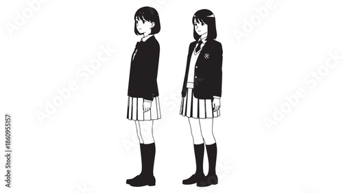 Black and white vector illustration of two Japanese high school girls or students wearing traditional school uniforms (Seifuku style), standing on a white background in manga/anime style.