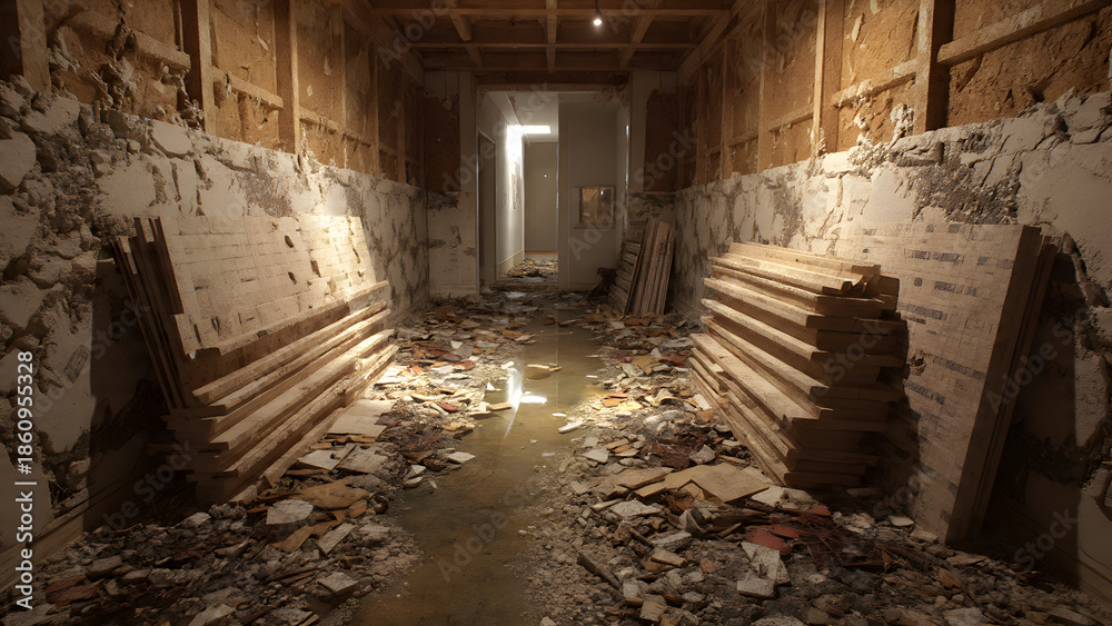 Fototapeta premium Mixed renovation debris pile emphasizing wood planks and broken drywall textures