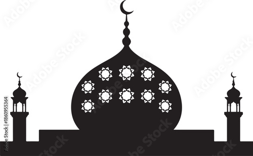 Black and white mosque silhouette with domes and minarets