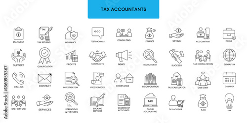Tax accountant line icon set with finance business and accounting service icons .Professional accounting collection featuring business strategy . Minimalist vector graphics for corporate audit and boo