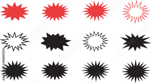 Explosion burst shapes in red and black on