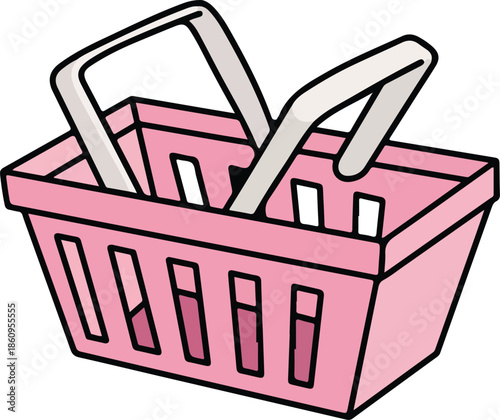 Pink shopping basket with white handles on colored background