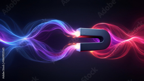 horseshoe magnet attracting colorful magnetic field lines in dark space transparent background