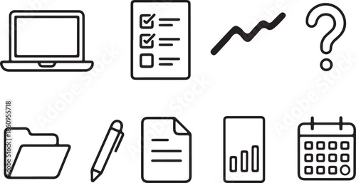 Set of business and office icons in black line style