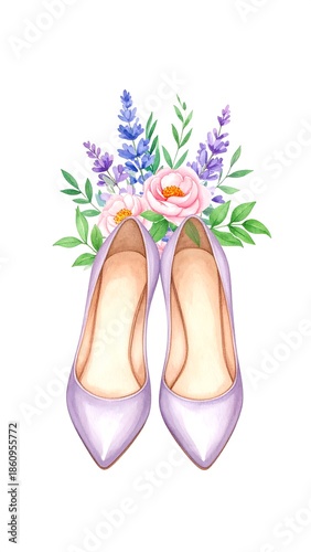 A pair of high-heeled, pale purple shoes sit below a floral arrangement featuring pink and lavender blossoms with green leaves