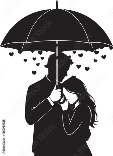 Couple embracing under umbrella with hearts falling