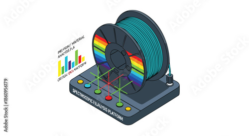 Isometric illustration of a 3D printer filament spool with integrated material analysis data, symbolizing innovation in additive manufacturing and modern technology.