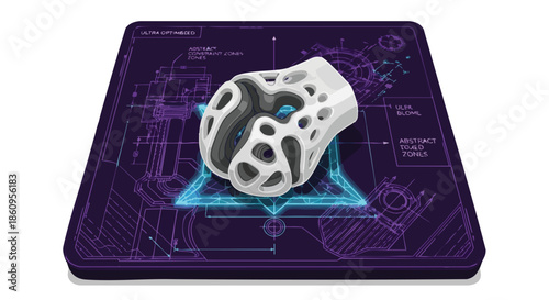 A complex 3D printed object, created using generative design, rests on a vibrant blueprint, embodying advanced engineering and technological innovation.