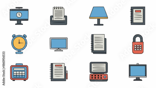 Office Supplies and Equipment Icons - A Collection of Essential Tools.