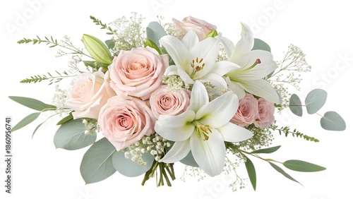  Elegant Pink Rose and White Lily Bridal Bouquet with Baby’s Breath and Eucalyptus