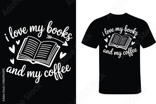 Black t-shirt with white book and coffee love white open book