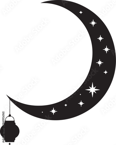 Black crescent moon with white stars and hanging lantern