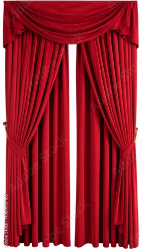 A pair of rich, deep red velvet curtains, swagged at the top, and held back by golden tiebacks, against a white background