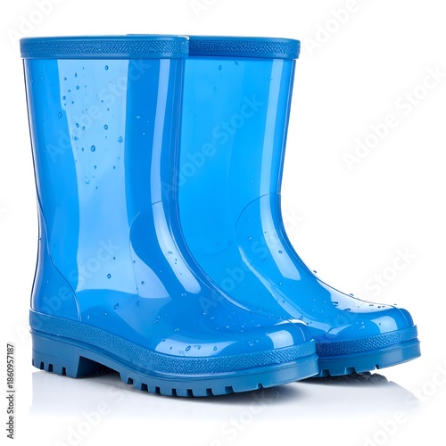 A pair of shiny, light blue rain boots stand upright against a white background. Raindrops appear on the glossy surface