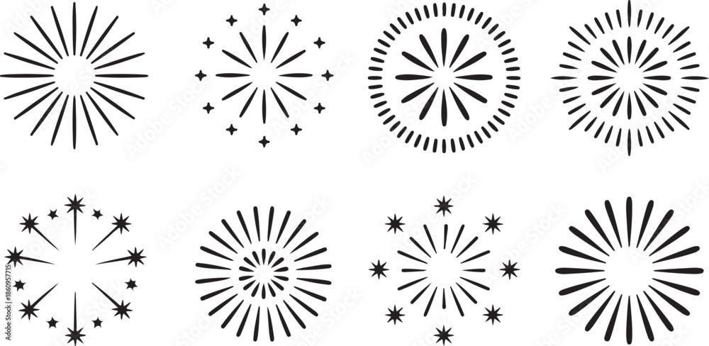 Obraz premium A diverse collection of eight hand drawn starburst elements with radiating lines