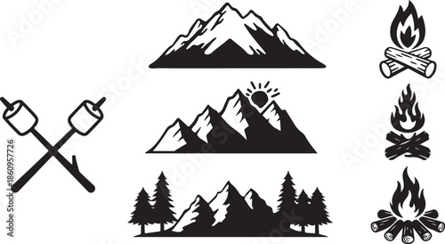 A group of black outdoor adventure icons showing mountains, warm campfires, and delicious marshmallows on sticks
