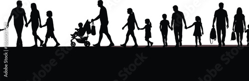 Black silhouettes of diverse families with children strollers and parents walking together in a row on white background vector illustration
