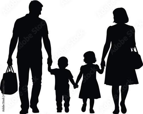 Black silhouette of a happy family with two children and parents carrying shopping bags while walking together and holding hands