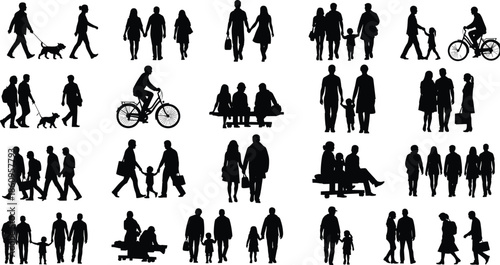 Large bundle of black vector silhouettes featuring diverse families walking with strollers planting trees cycling playing and cheering crowds together