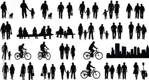 Large bundle of black vector silhouettes featuring diverse families walking with strollers planting trees cycling playing and cheering crowds togetherLarge bundle of black vector