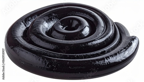 Swirled glossy black material on white, resembling a snail or spiral