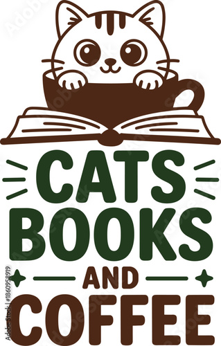 Brown cat peeking over an open book with green text cats books and coffee