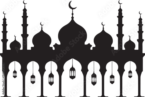 Black silhouette of mosque with domes minarets and hanging lanterns