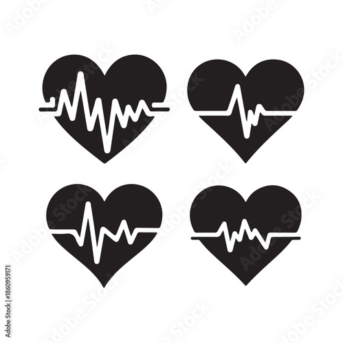 Four black heart icons with electrocardiogram lines visually represent health love and vital signs in a simple design