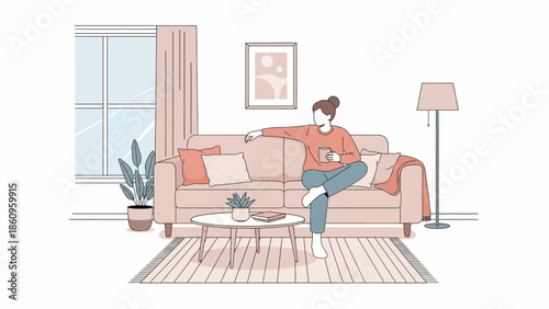 Woman Sitting on Sofa Relaxing at Home.
