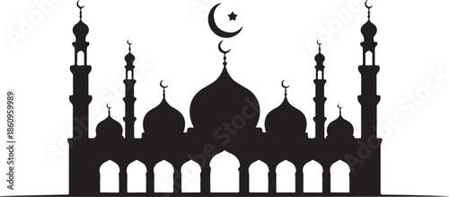 Black silhouette of mosque with domes minarets and crescent moon
