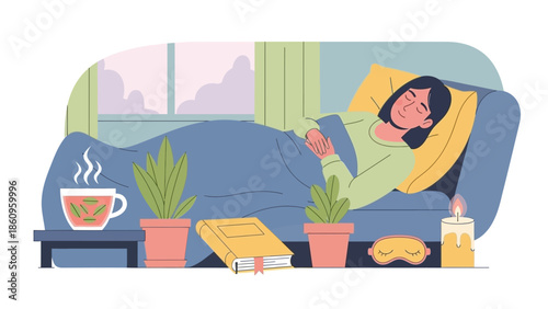 Woman Relaxing on Sofa with Pillow.