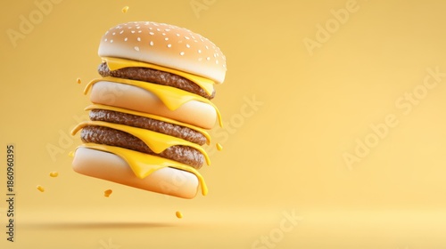 Layered Cheeseburger with Melting Cheese on Yellow Background