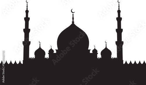 Black silhouette of mosque with domes and minarets