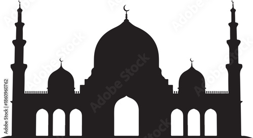 Black silhouette of mosque with domes and minarets
