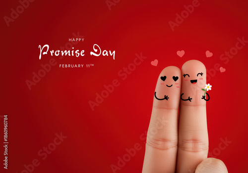 Finger couple with smiley faces and flower on red background Happy Promise Day fingers cute