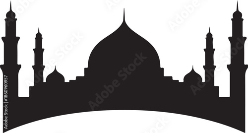 Black silhouette of mosque with domes and minarets