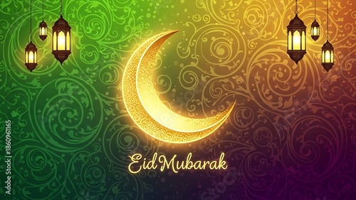 Golden Crescent Moon and Lanterns with Eid Mubarak Greeting on Ornate Background.