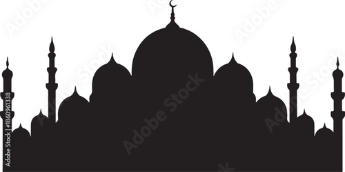 Black silhouette of mosque with domes and minarets