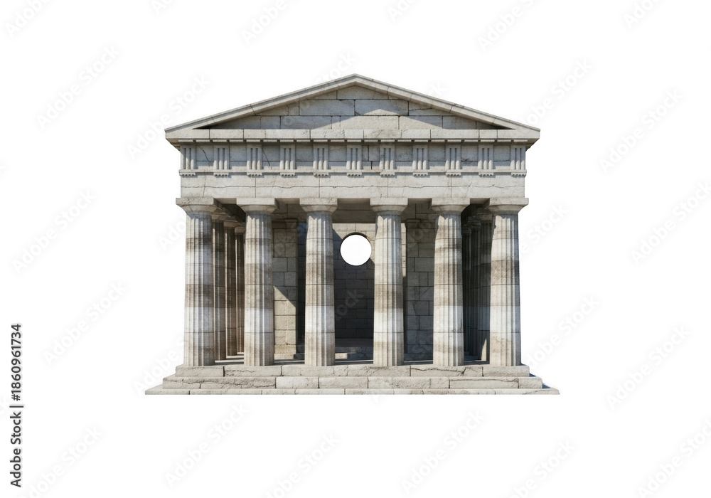 Obraz premium Ancient greek temple facade with columns and triangular roof, architectural monument, historical landmark, isolated on transparent background