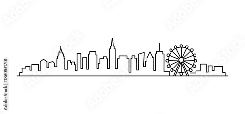 Minimalist city skyline with iconic Ferris wheel, clean line art.