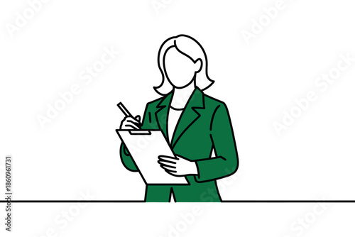 Professional woman in green suit taking notes on clipboard, focused and organized.