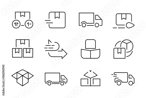 Collection of modern line icons representing logistics and delivery services, including trucks and boxes.
